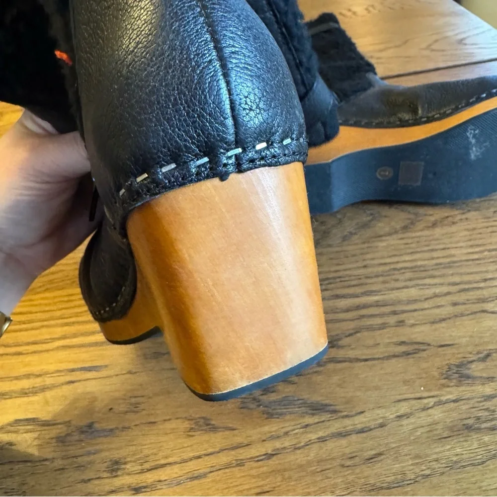Kelsi Dagger Black Leather and Shearling‎ Wedge Boots